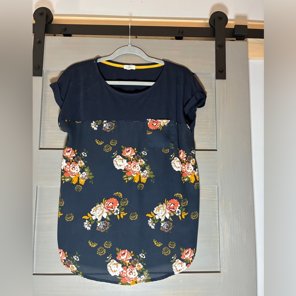 Blue Cap Sleeve Boxy Blouse with Floral Design